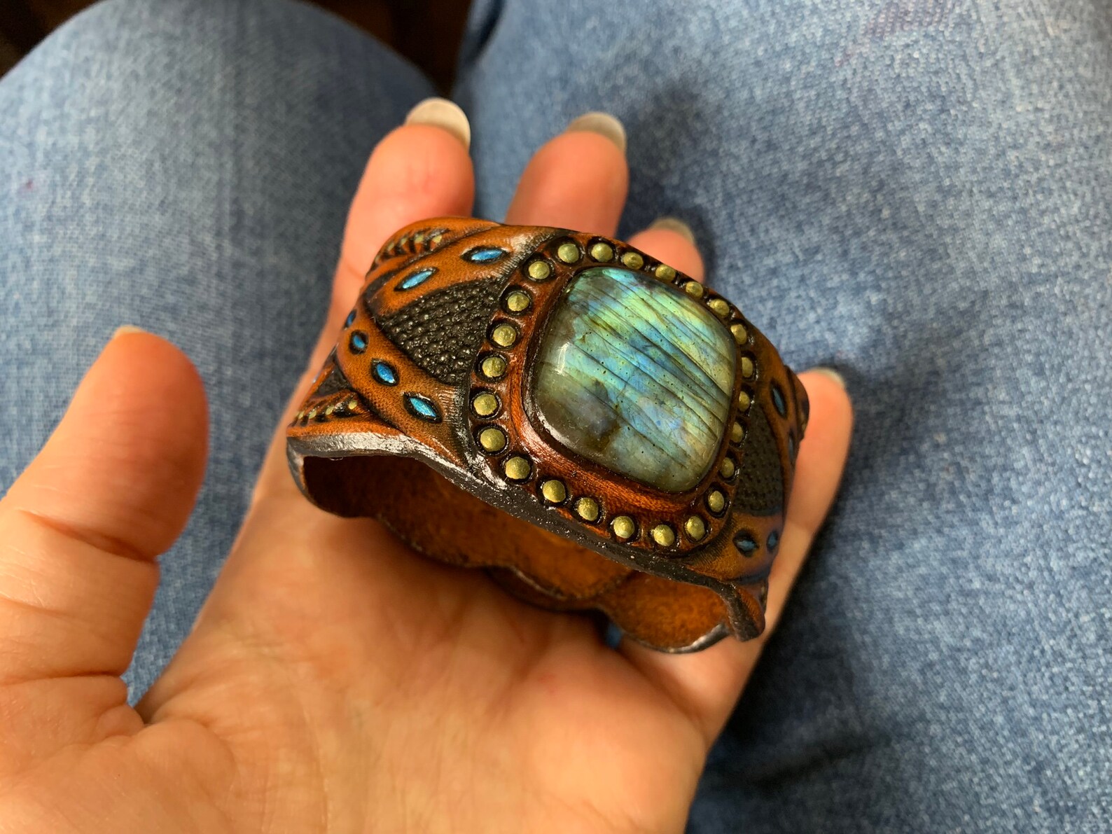 Blue labradorite cuff bracelet Hand tooled leather cuff Etsy