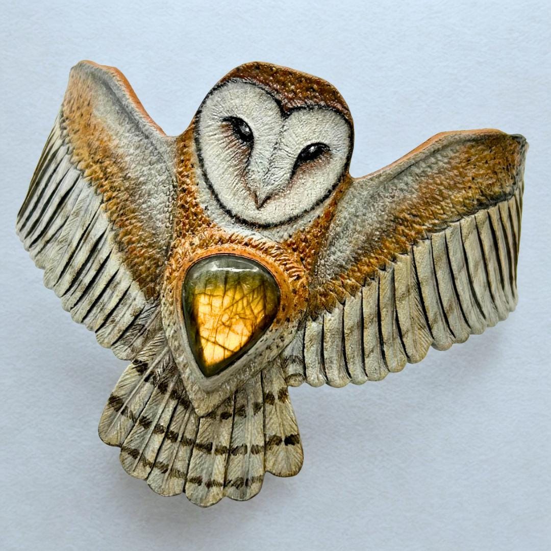 Hand Tooled Leather Barn Owl Cuff Bracelet: Golden Labradorite Cabochon