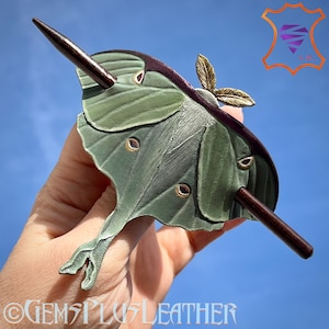 Tooled leather Luna moth shawl pin or ponytail cuff with stick - Lifelike moth hairpin or scarf accessory - Luna moth hair barrette