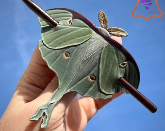 Tooled leather Luna moth shawl pin or ponytail cuff with stick - Lifelike moth hairpin or scarf accessory - Luna moth hair barrette