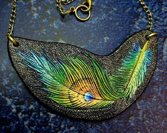 Hand Tooled Leather Peacock Feather Pendant: Hand Painted Necklace