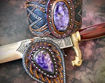 Tooled Leather Boho Jewellery Set with Charoite