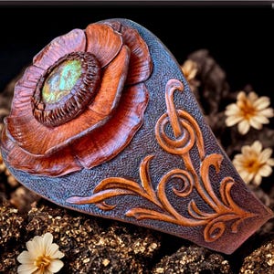 Tooled Leather Cuff Bracelet with Arizona Turquoise, Western Boho Jewelry
