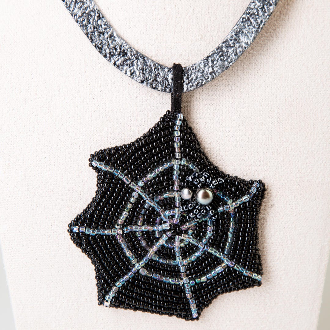 Tooled Leather Spider Necklace: Pearl Spider, Bead Embroidered Web - Etsy