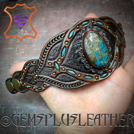 Vintage Looking Hand Tooled Leather Rustic Cuff Bracelet With