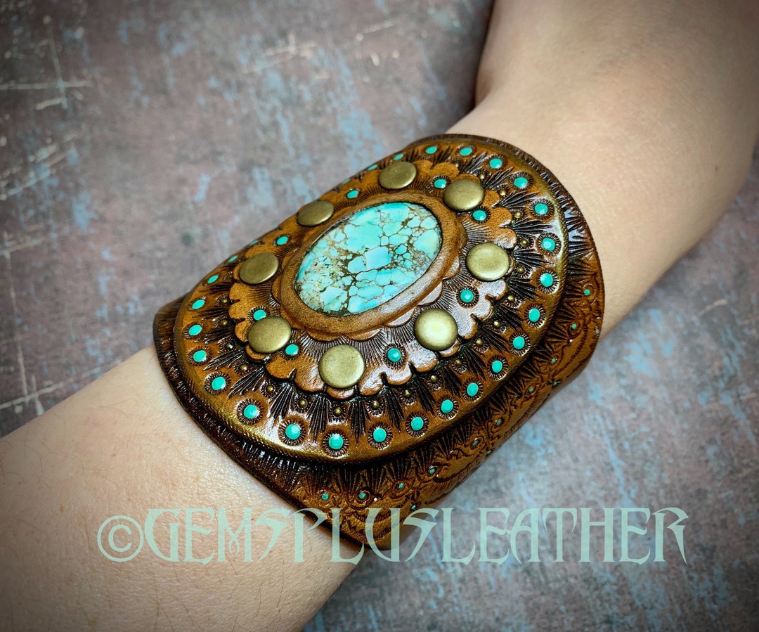 Hand Tooled Leather Cuff Bracelet With Turquoise Boho Ewelry - Etsy