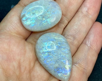 Rainbow moonstone cabochon set for handmade jewelry - Pair of moonstone gems for DIY jewellery making