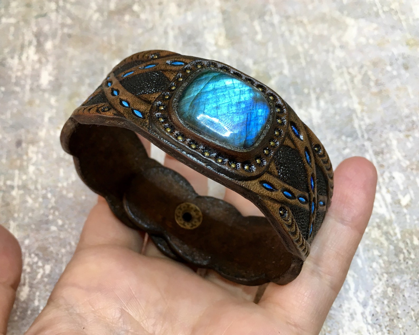 Blue Labradorite Cuff Bracelet Hand Tooled Leather Cuff Etsy