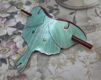 Tooled Leather Luna Moth Hair Barrette with a Stick: Hand-Painted Artisan Hair Clip