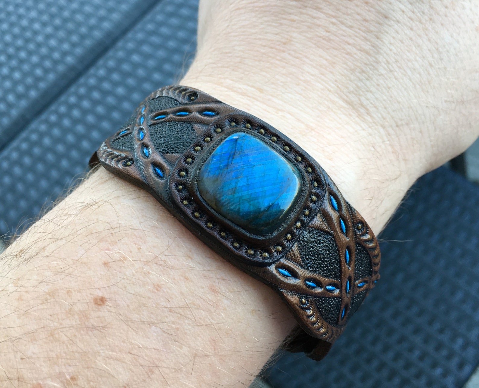 Blue labradorite cuff bracelet Hand tooled leather cuff Etsy