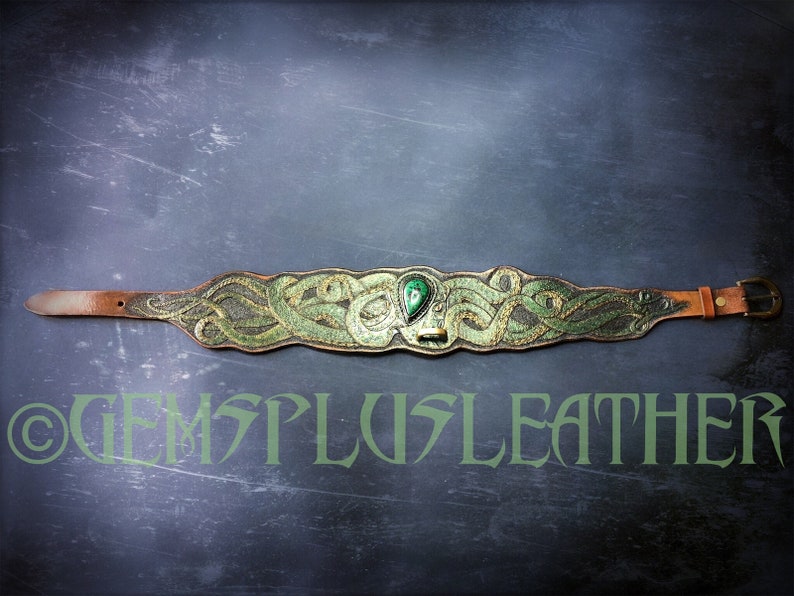 Hand tooled and hand painted leather dog collar with malachite octopus Stylish artisan accessories by Gemsplusleather image 6