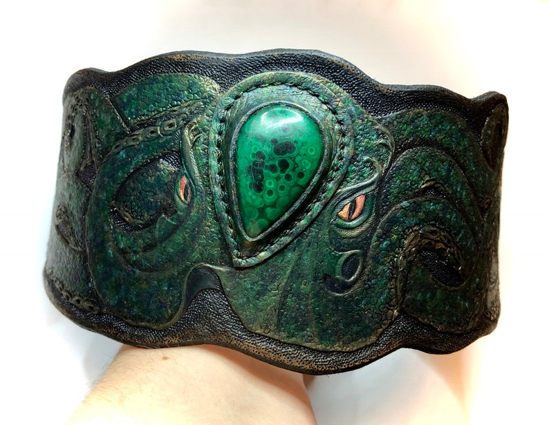 Hand tooled and hand painted leather dog collar with malachite octopus Stylish artisan accessories by Gemsplusleather image 3