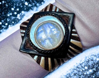 Tooled Leather Cuff Bracelet with Blue Moonstone