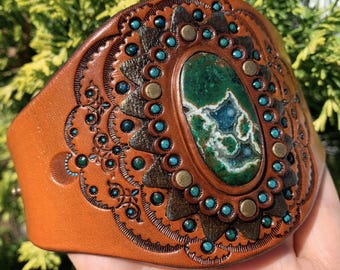 Hand Tooled Leather Cuff Bracelet: Chrysocolla Artisan Jewelry