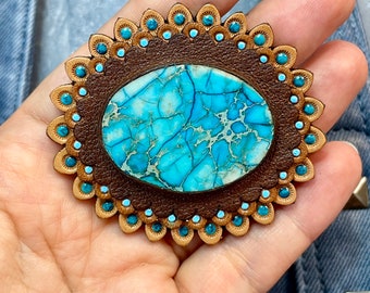 Hand tooled leather concho with sea sediment jasper cabochon - Concho for a Boho bag - Bag accessory - Bag maker’s supply
