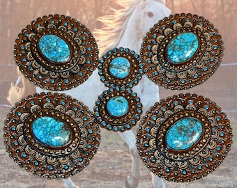 Tooled Leather Horse Tack Conchos: Turquoise Cabochons, Matching Set