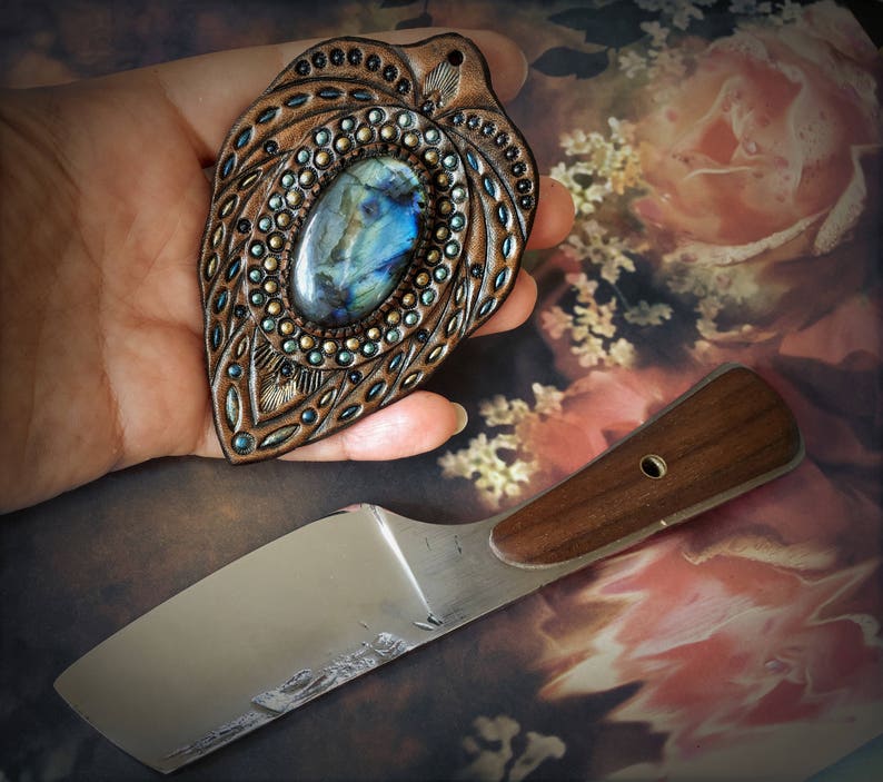 Gift for her Hand painted leather jewelry Tooled leather pendant with blue labradorite and chain