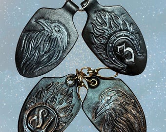 Hand Tooled Leather Raven Key Fob: Gothic Biker Keychain