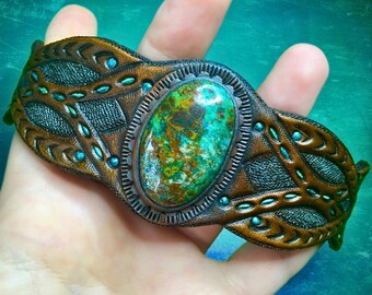 Hand Tooled Leather Cuff Bracelet: Chrysocolla Tribal Jewelry
