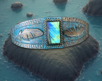 Tooled Leather Cuff Bracelet: Bronze Feathers, Blue Labradorite, Greek Theme