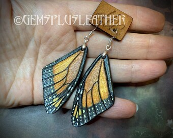 Hand tooled leather iridescent monarch butterfly wings earrings with sterling silver hooks - Autumn butterfly earrings