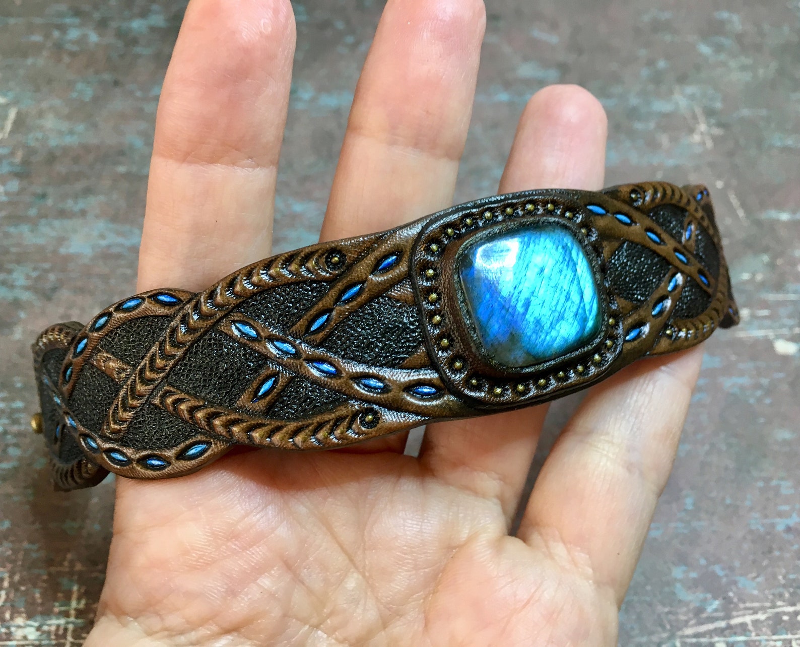Blue Labradorite Cuff Bracelet Hand Tooled Leather Cuff Etsy