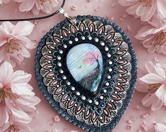 Hand Tooled Leather Pendant /  Bolo Tie Concho with Sakura painted on Blue Opal