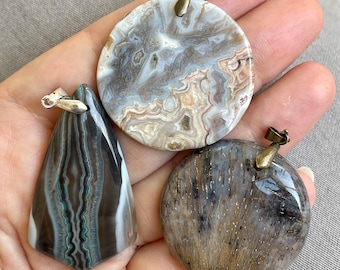 Lot of 3 silver plated agate pendants - DIY jewelry supply for beading, soutache, wire wrapping, bead embroidery