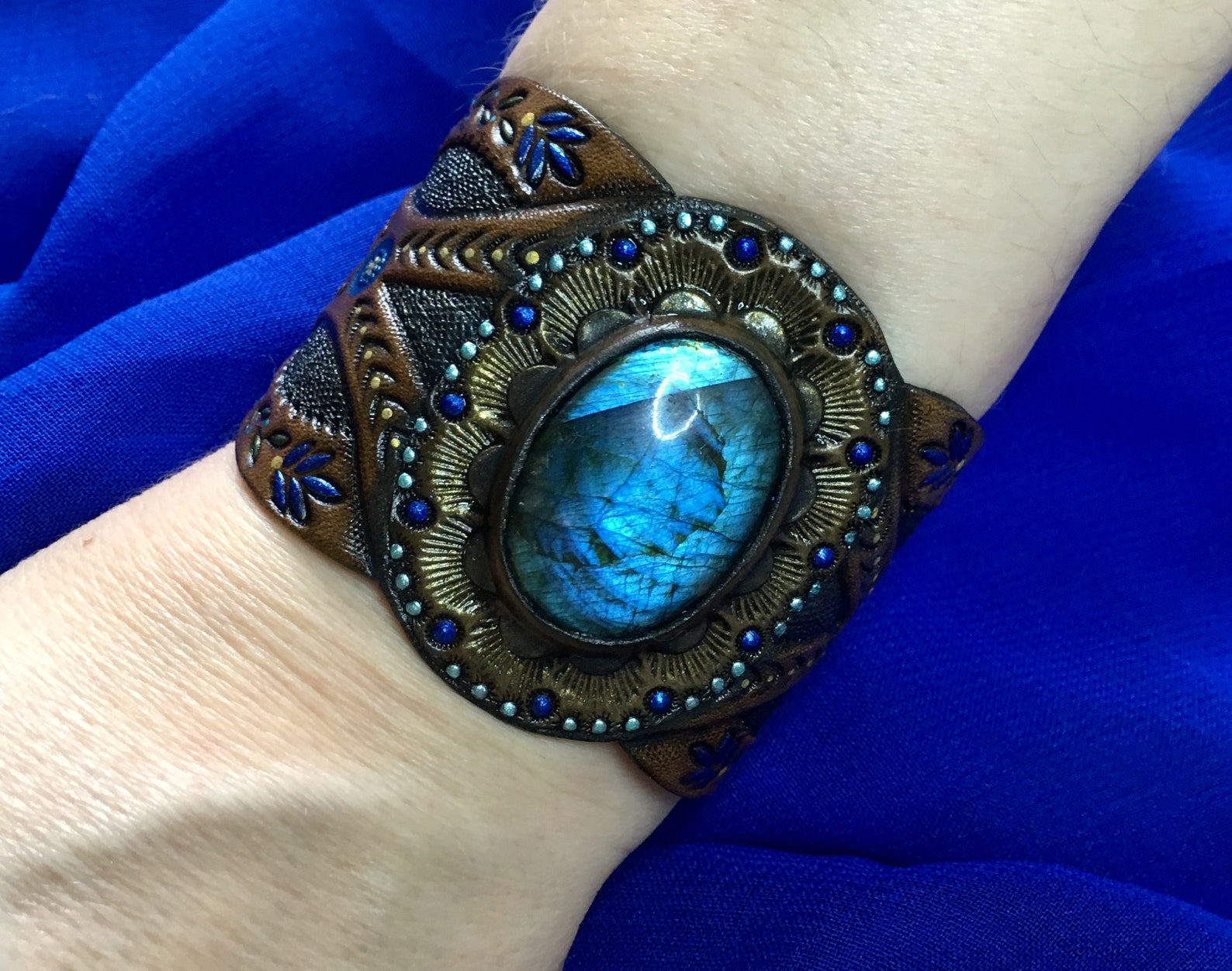 Blue labradorite cuff bracelet Hand tooled leather cuff Etsy