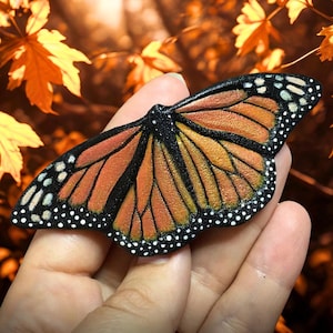 Hand tooled leather monarch butterfly brooch or hair barrette