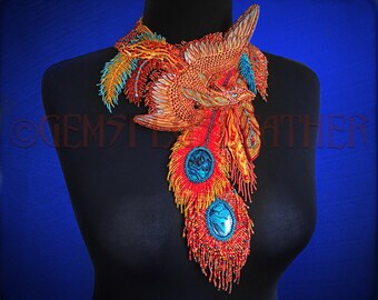 Exclusive bead embroidered Firebird necklace / hand tooled leather necklace with phoenix - High fashion artisan jewelry