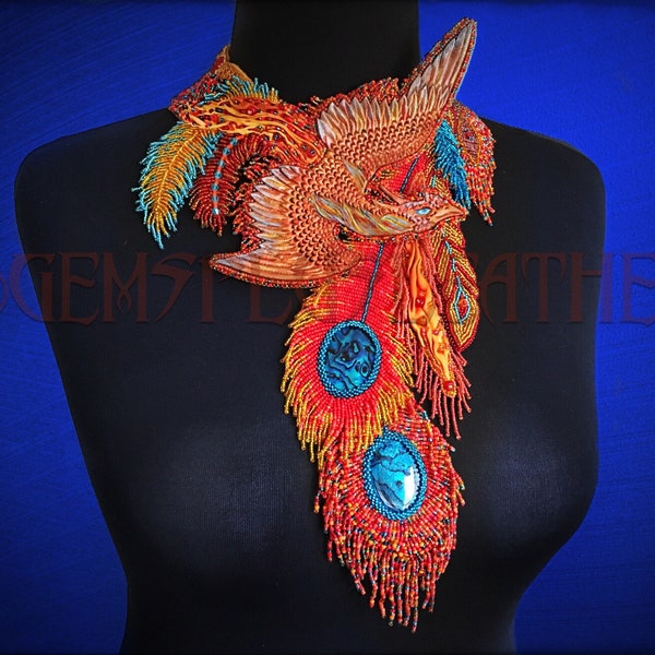 Exclusive bead embroidered Firebird necklace / hand tooled leather necklace with phoenix - High fashion artisan jewelry