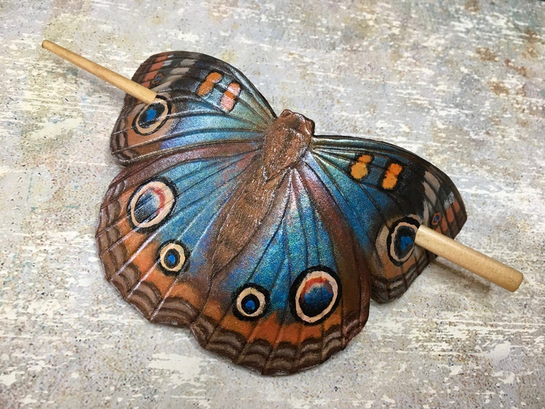 Tooled leather buckeye butterfly hair barrette with stick Artisan hair barrette Original gift for her