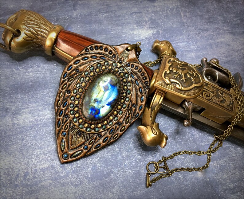 Gift for her Hand painted leather jewelry Tooled leather pendant with blue labradorite and chain