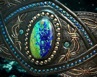 Brazalete de cuero hecho a mano: piedra azurita y malaquita, joyería bohemia