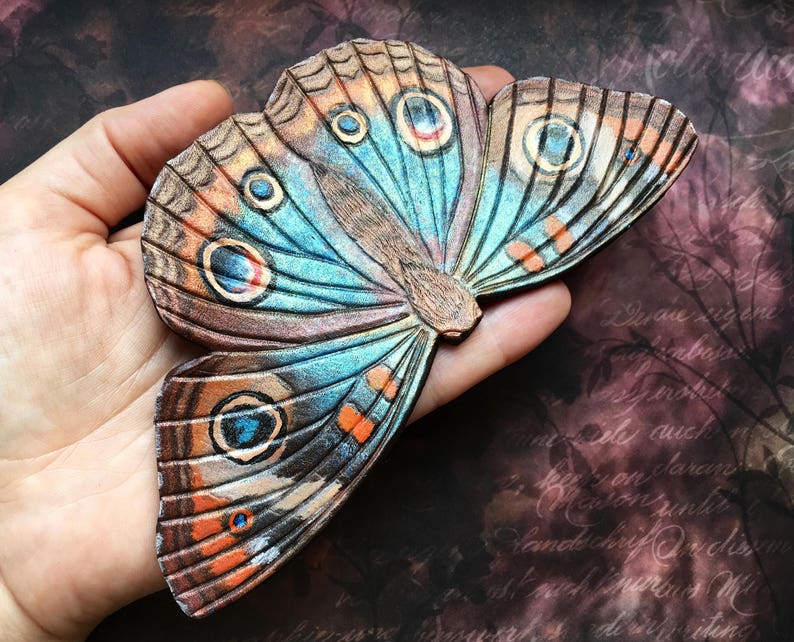 Tooled leather buckeye butterfly hair barrette with stick Artisan hair barrette Original gift for her