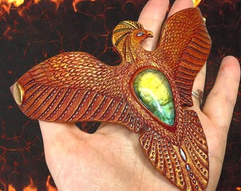Hand Tooled Leather Phoenix Bracelet: Labradorite Firebird Cuff