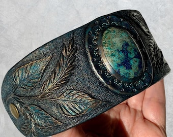 Hand Tooled Leather Antiqued Cuff Bracelet with Chrysocolla Gemstone