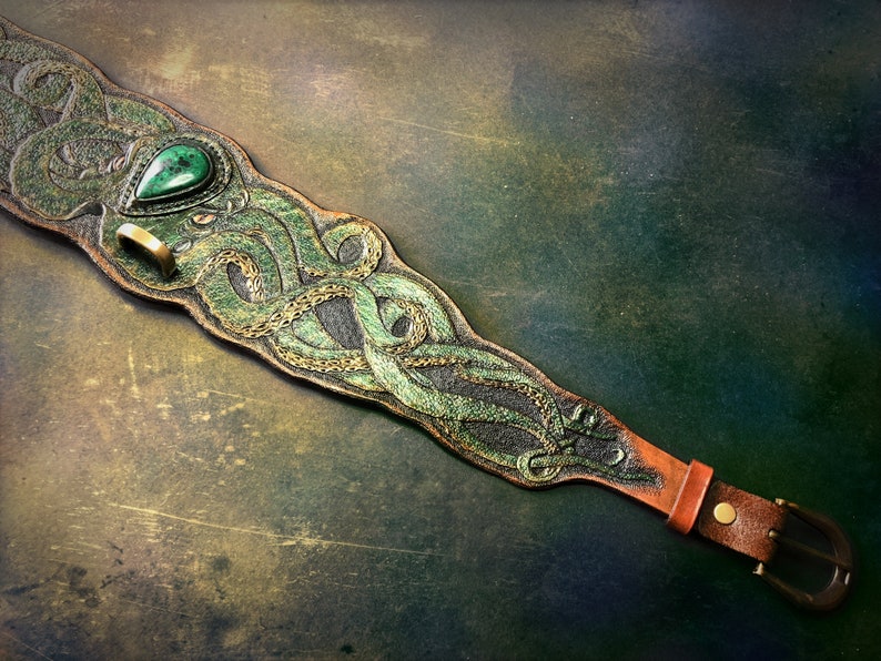 Hand tooled and hand painted leather dog collar with malachite octopus Stylish artisan accessories by Gemsplusleather image 8