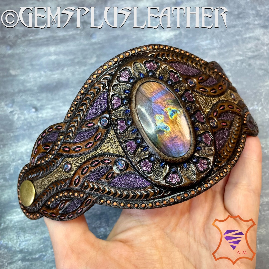 Purple / Pink Labradorite Cuff Bracelet Tooled Leather Cuff Bracelet