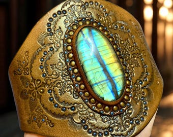 Tooled Leather Steampunk Cuff Bracelet with Labradorite and Bronze Sheen