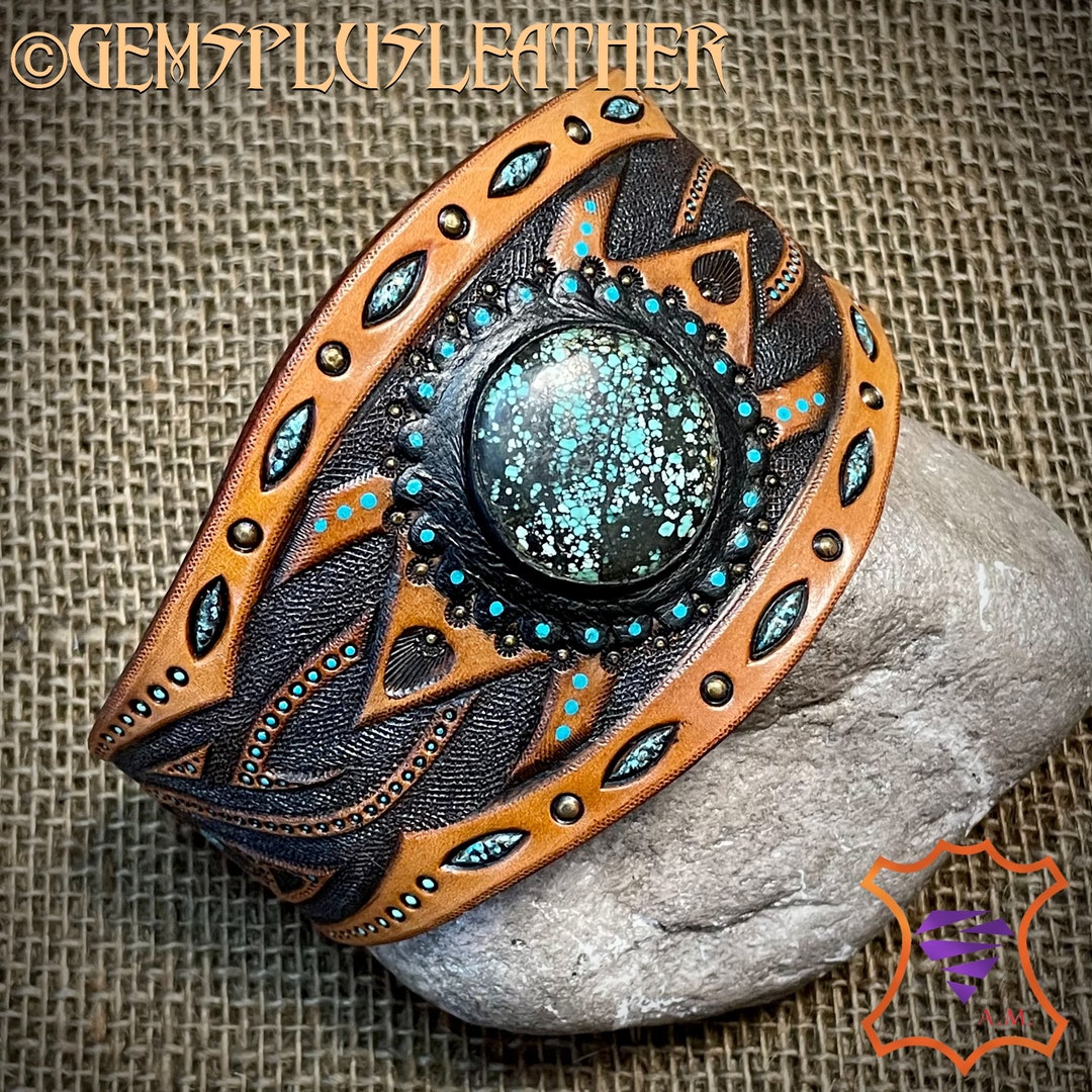 Tooled Leather Tribal Cuff Bracelet With Natural Turquoise - Etsy