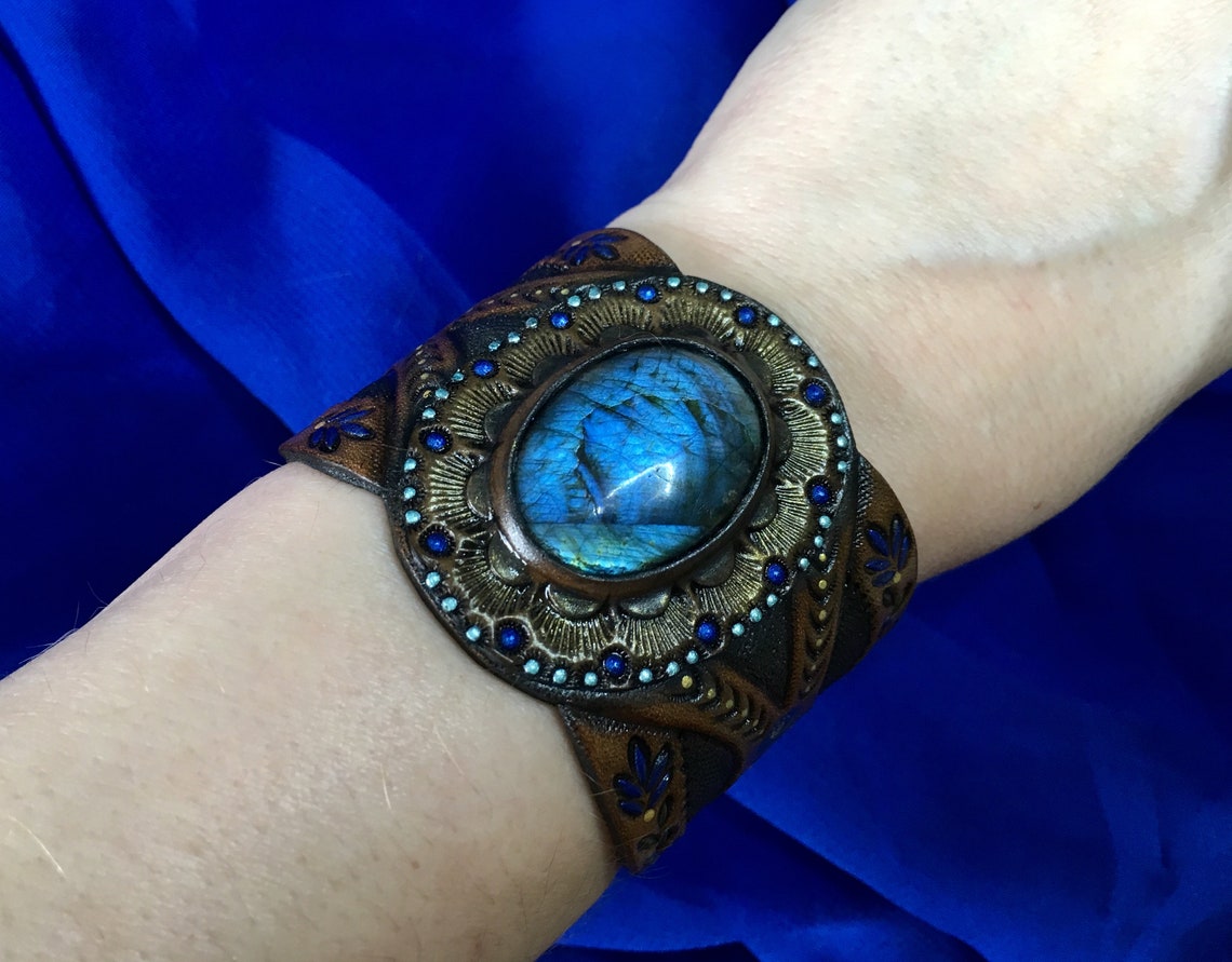Blue labradorite cuff bracelet Hand tooled leather cuff Etsy