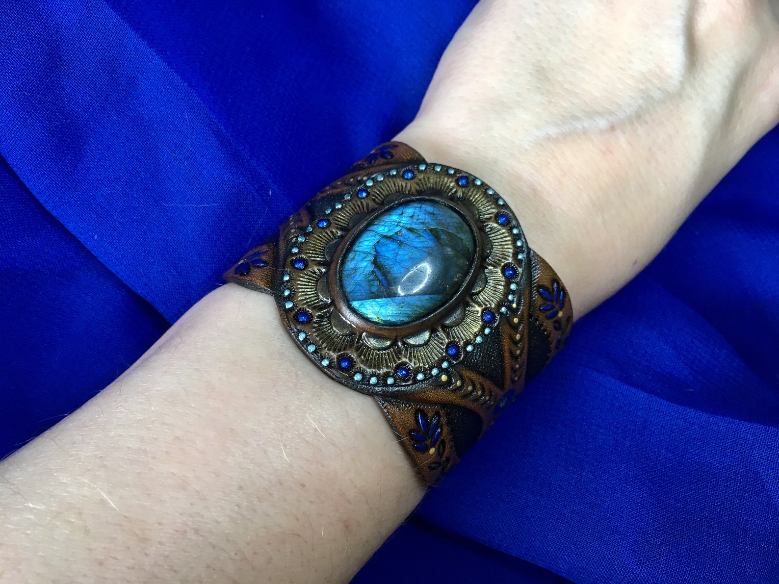 Blue labradorite cuff bracelet Hand tooled leather cuff Etsy