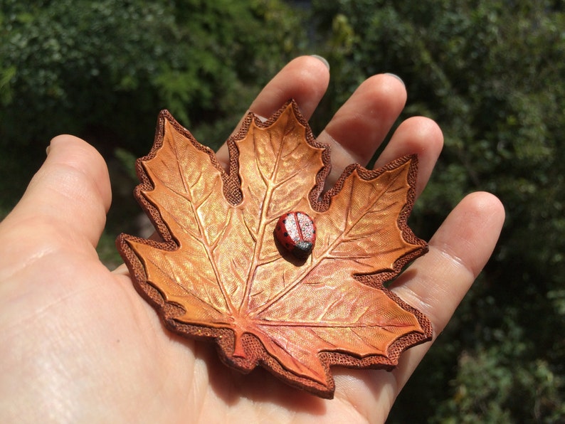 Hand Tooled Leather Maple Leaf & Ladybug Pin Brooch Autumn Etsy