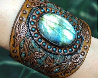 Hand Tooled Leather Cuff Bracelet with Blue Labradorite