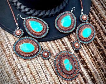 Tooled Leather Turquoise Necklace & Earrings Set: Handmade Jewelry Country Style