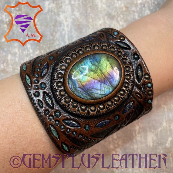 Tooled Leather Cuff Bracelet With Rainbow Labradorite Cabochon Etsy