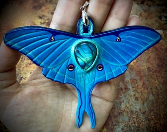 Fantasy tooled leather luna moth pendant with blue labradorite - Moon moth pendant - Handmade artisan jewelry - Original gift for her