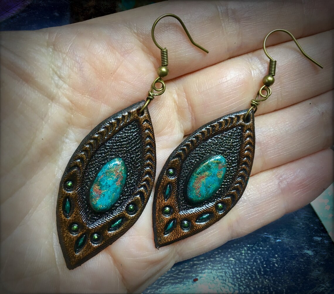 Tooled Leather Jewellery Set With Chrysocolla Cabochons & Etsy